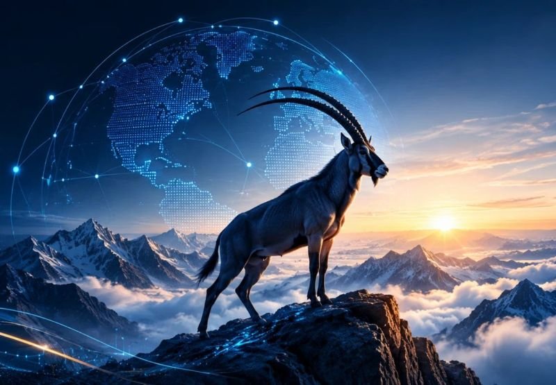 CloudOryx ibex on a mountain peak with a global technology network