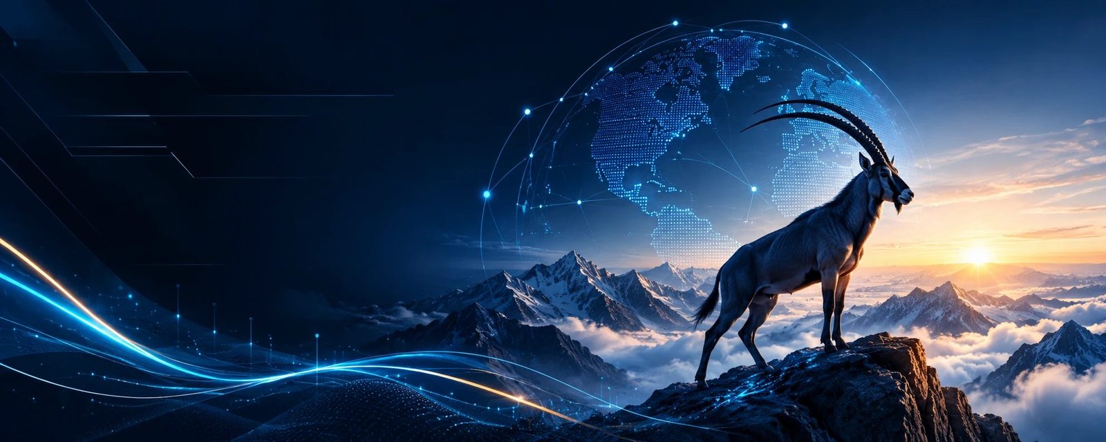 Ibex on a mountain summit before a glowing global network – CloudOryx IT services